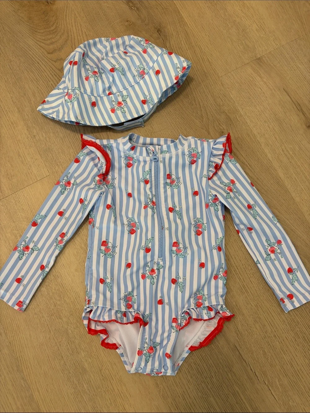 Oshkosh Blue & White Stripe Strawberry UV Guard Swimsuit with Bucket Hat